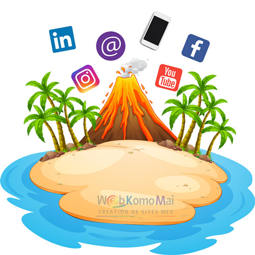 illustration d'un volcan avec les infos de contact de WebKomoMai