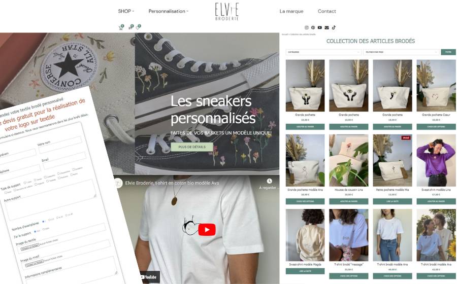 screenshots du site e-commerce de Elvie-Broderie, broderies personnalisées pour textiles
