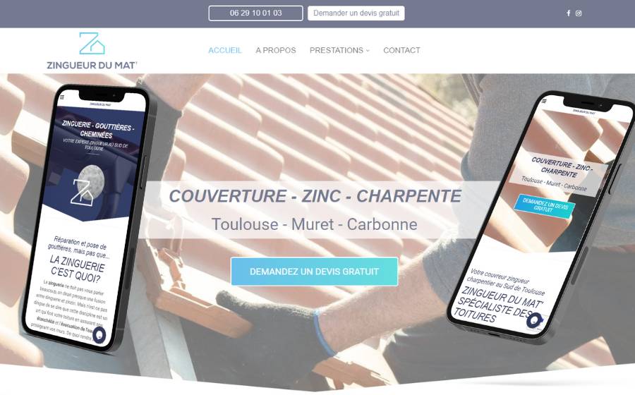 Copies d'écrans du site web vitrine de Zinguer du Mat', charpentier couvreur en Haute-Garonne