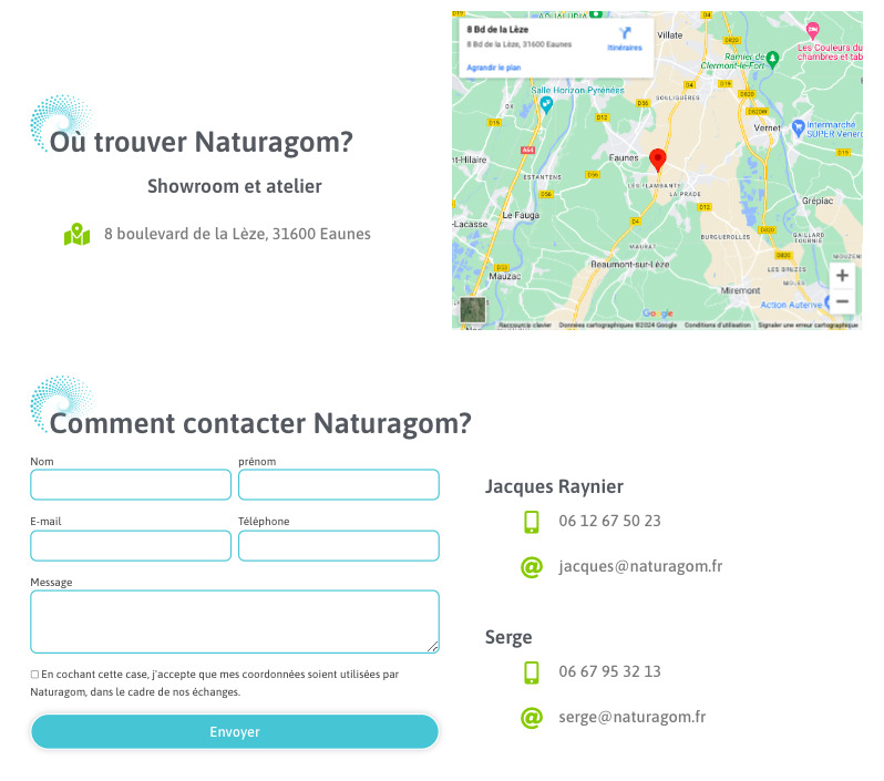 page contact du site web Naturagom
